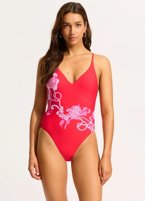 Ahoy V Neck One Piece - Chilli Red plus size swimwear women, summer swimwear for ladies