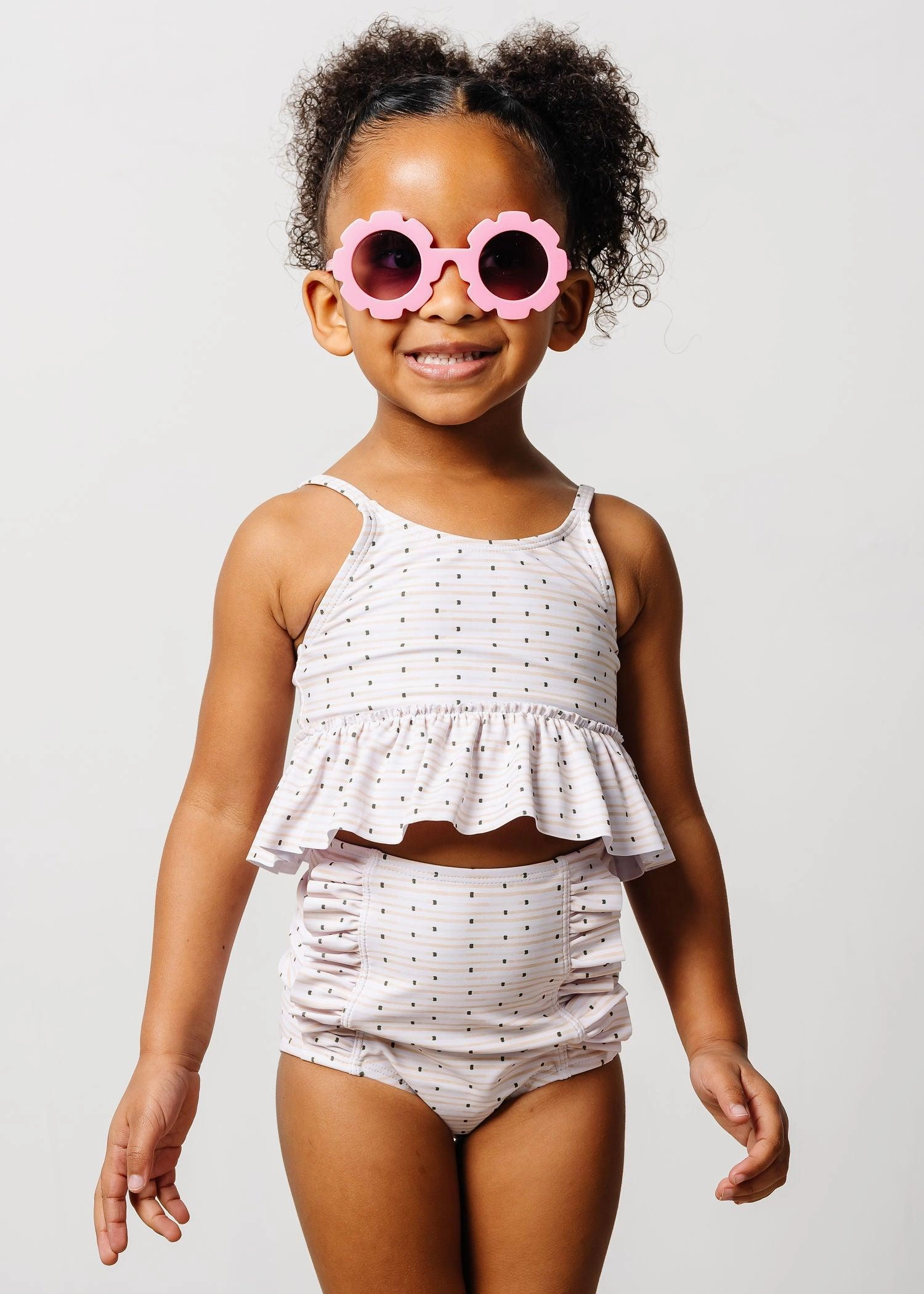 All Neutral | Mini Down in Front Ruffle Bottoms girls full coverage swimwear, kids swimwear for pool