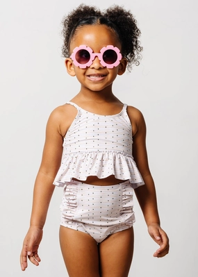 All Neutral | Mini Down in Front Ruffle Bottoms girls full coverage swimwear, kids swimwear for pool