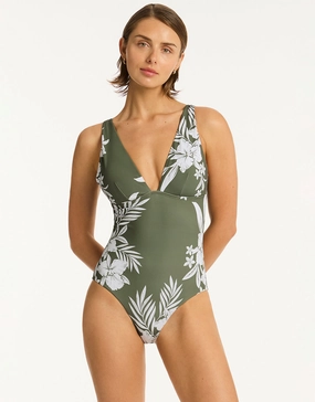 Aloha Longline Tri Swimsuit - Khaki womens resort swimwear, flattering one-piece swimsuits