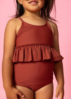Amber Brown | Mini Peplum Top girls full coverage swimwear, kids swimwear for pool