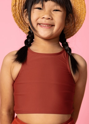 Amber Brown | Mini Racer Back Top girls full coverage swimwear, kids swimwear for pool