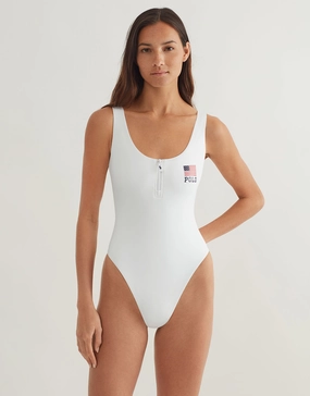 Americana Zipper Scoop Tank Swimsuit - White womens resort swimwear, flattering one-piece swimsuits