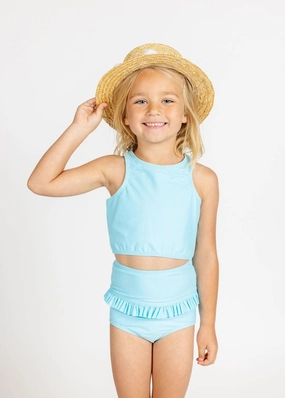 Arctic Blue | Mini Mid-Ruffle Bottoms girls full coverage swimwear, kids swimwear for pool