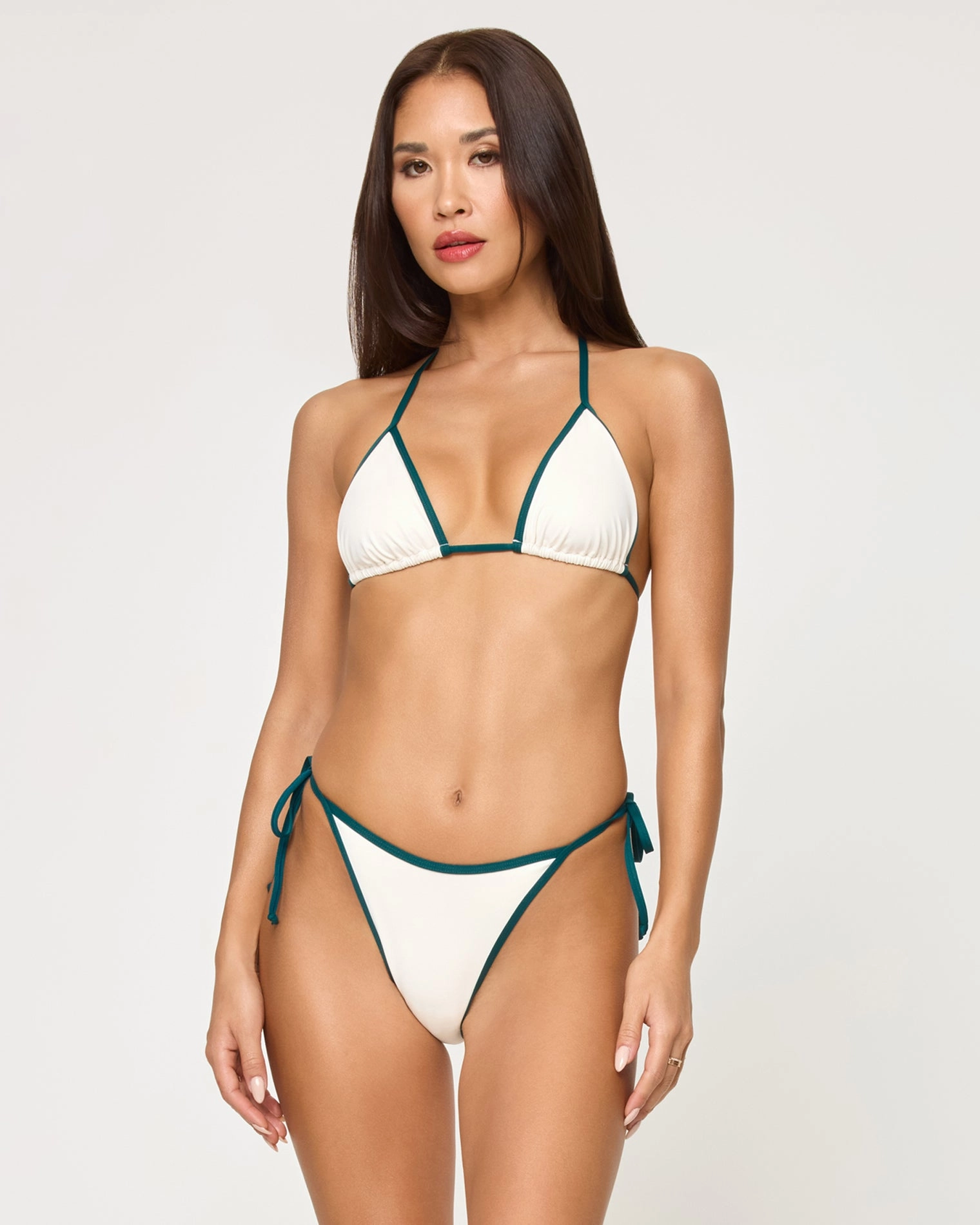 Aspen Bikini Top - Cream-Deep Teal halter swim tops, wireless bikini tops