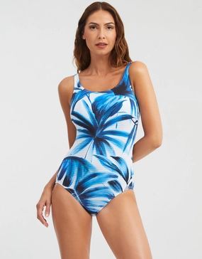 Azura High Front Swimsuit - Blue and White mastectomy swimsuits for women, post surgery swimwear
