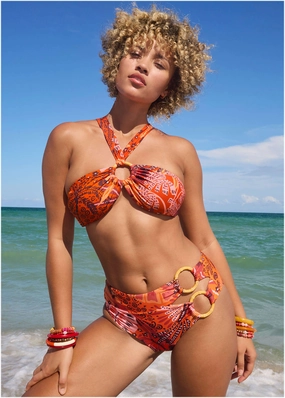 Bamboo Ring Moderate Bottom - Parrot Palm swimwear with tummy control, elegant swimsuits for women