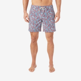 Bayberry Trunk In Red Paisley mens full coverage swimwear, stylish mens swim trunks
