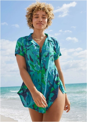 Beach Button Down Shirt - Desert Floral Blue womens sun protection swimwear, trendy swimwear collection
