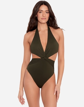 Beach Club Solids Cut Out Halter Swimsuit - Olive womens resort swimwear, flattering one-piece swimsuits