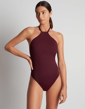 Beach Club Solids High Neck Swimsuit - Claret womens resort swimwear, flattering one-piece swimsuits