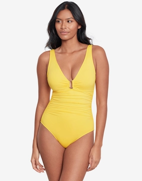 Beach Club Solids Ring Front Swimsuit - Yellow womens resort swimwear, flattering one-piece swimsuits
