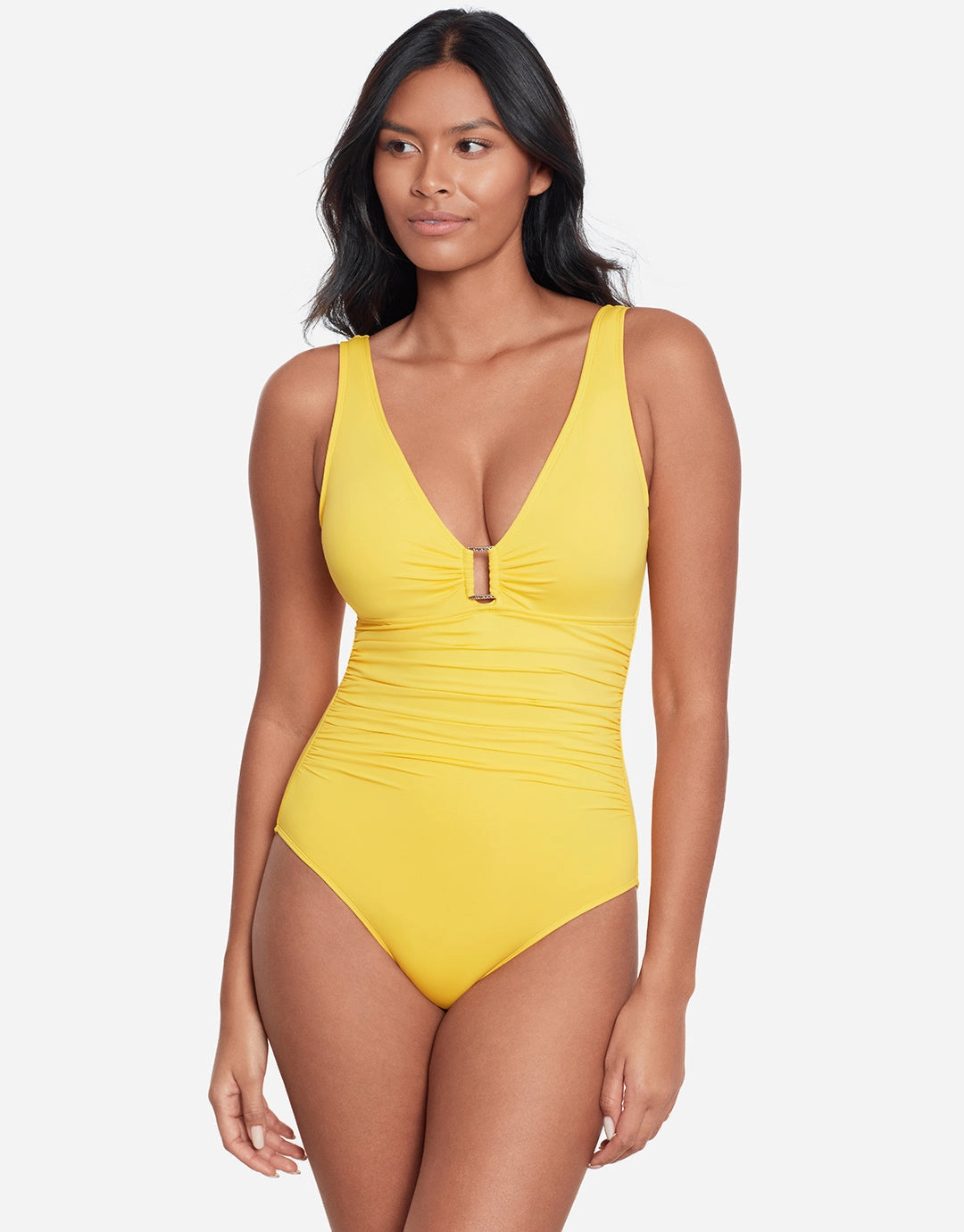 Beach Club Solids Ring Front Swimsuit - Yellow womens resort swimwear, flattering one-piece swimsuits