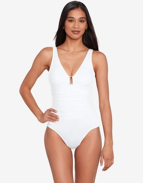 Beach Club Solids Ring OTS Swimsuit - White womens resort swimwear, flattering one-piece swimsuits