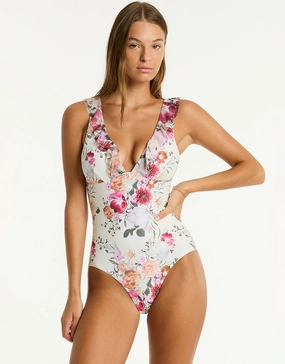 Belle Frill Swimsuit - Coconut womens resort swimwear, flattering one-piece swimsuits