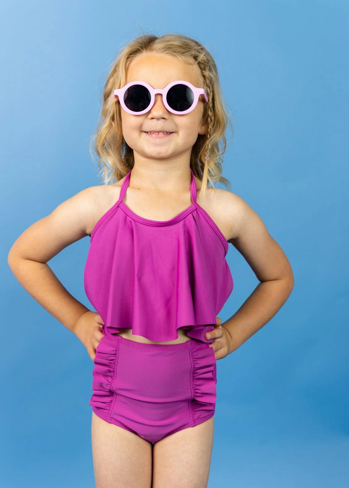 Berry | Mini Down in Front Ruffle Bottoms girls full coverage swimwear, kids swimwear for pool