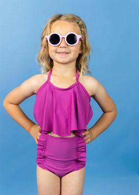 Berry | Mini Down in Front Ruffle Bottoms girls full coverage swimwear, kids swimwear for pool