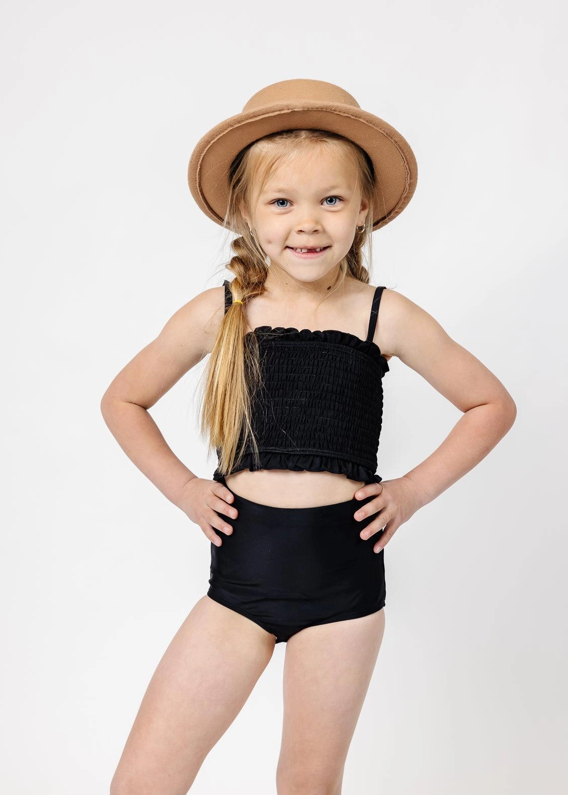 Black | Mini High-Waisted Bottoms girls full coverage swimwear, kids swimwear for pool