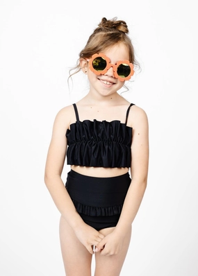 Black | Mini Oversized Ruffle Top girls full coverage swimwear, kids swimwear for pool