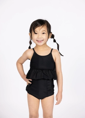 Black | Mini Peplum Top girls full coverage swimwear, kids swimwear for pool