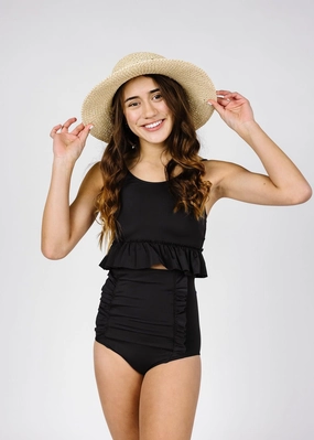 Black | Youth Peplum Top girls full coverage swimwear, kids swimwear for pool
