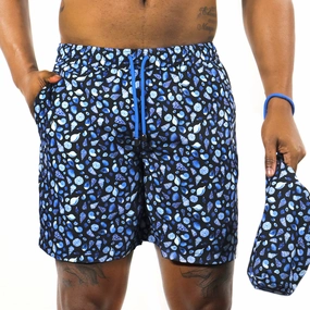 Black with Blue & White Seashells mens beach swimwear, quick dry mens swimsuits