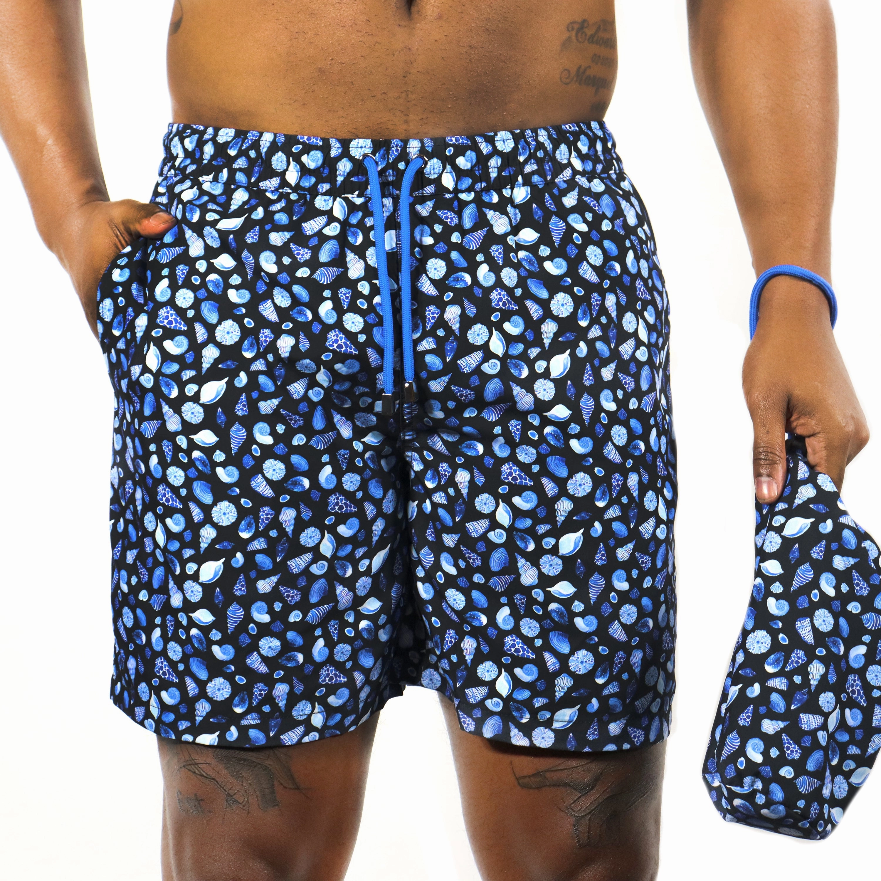 Black with Blue & White Seashells mens beach swimwear, quick dry mens swimsuits