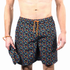 Black with Red, Yellow & Blue Cocktails mens beach swimwear, quick dry mens swimsuits
