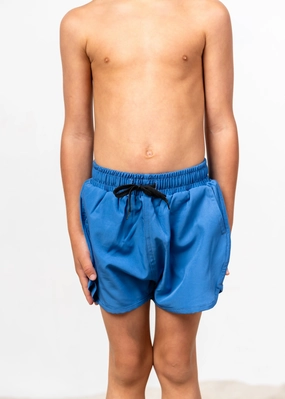 Blue Denim | Mini Retro Shorties boys summer swimwear, boys rash guard swim sets