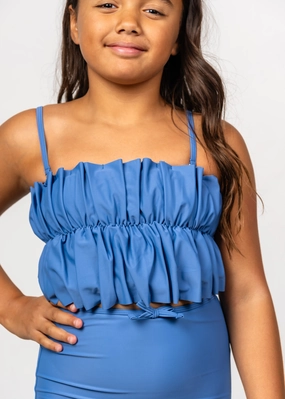 Blue Denim | Youth Oversized Ruffle Top girls full coverage swimwear, kids swimwear for pool