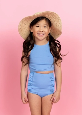 Blue Skies | Mini Down in Front Ruffle Bottoms girls full coverage swimwear, kids swimwear for pool