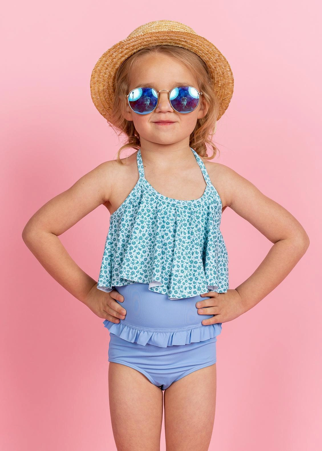 Blue Skies | Mini Mid-Ruffle Bottoms girls full coverage swimwear, kids swimwear for pool