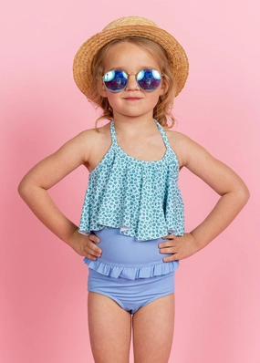 Blue Skies | Mini Mid-Ruffle Bottoms girls full coverage swimwear, kids swimwear for pool