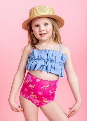 Blue Skies | Mini Oversized Ruffle Top girls full coverage swimwear, kids swimwear for pool
