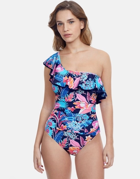 Bohemian Gypsy Ruffle One Shoulder Swimsuit - Navy pool-ready swimwear for women, trendy swimwear collection