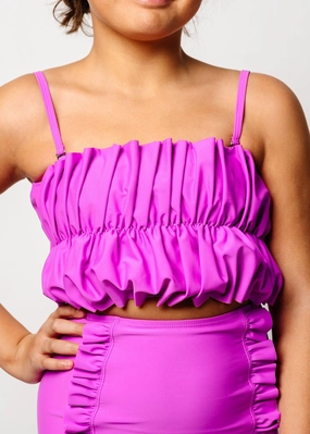 Brilliant Violet | Youth Oversized Ruffle Top girls full coverage swimwear, kids swimwear for pool