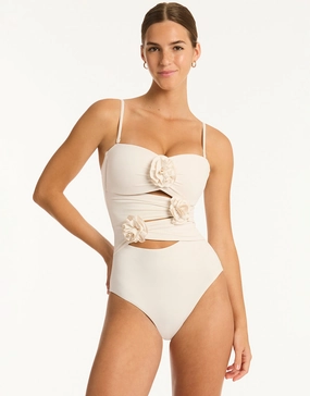Casa Del Mar Flower Bandeau Swimsuit - Coconut womens resort swimwear, flattering one-piece swimsuits