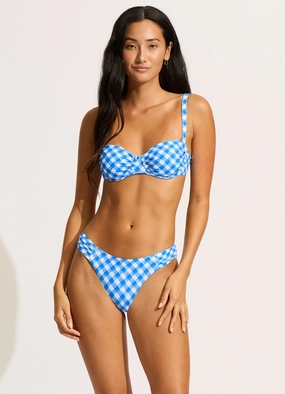 Ciao Bella Check High Leg Ruched Side Bikini Bottom - Azure two-piece bikinis for women, trendy bikinis for beachwear