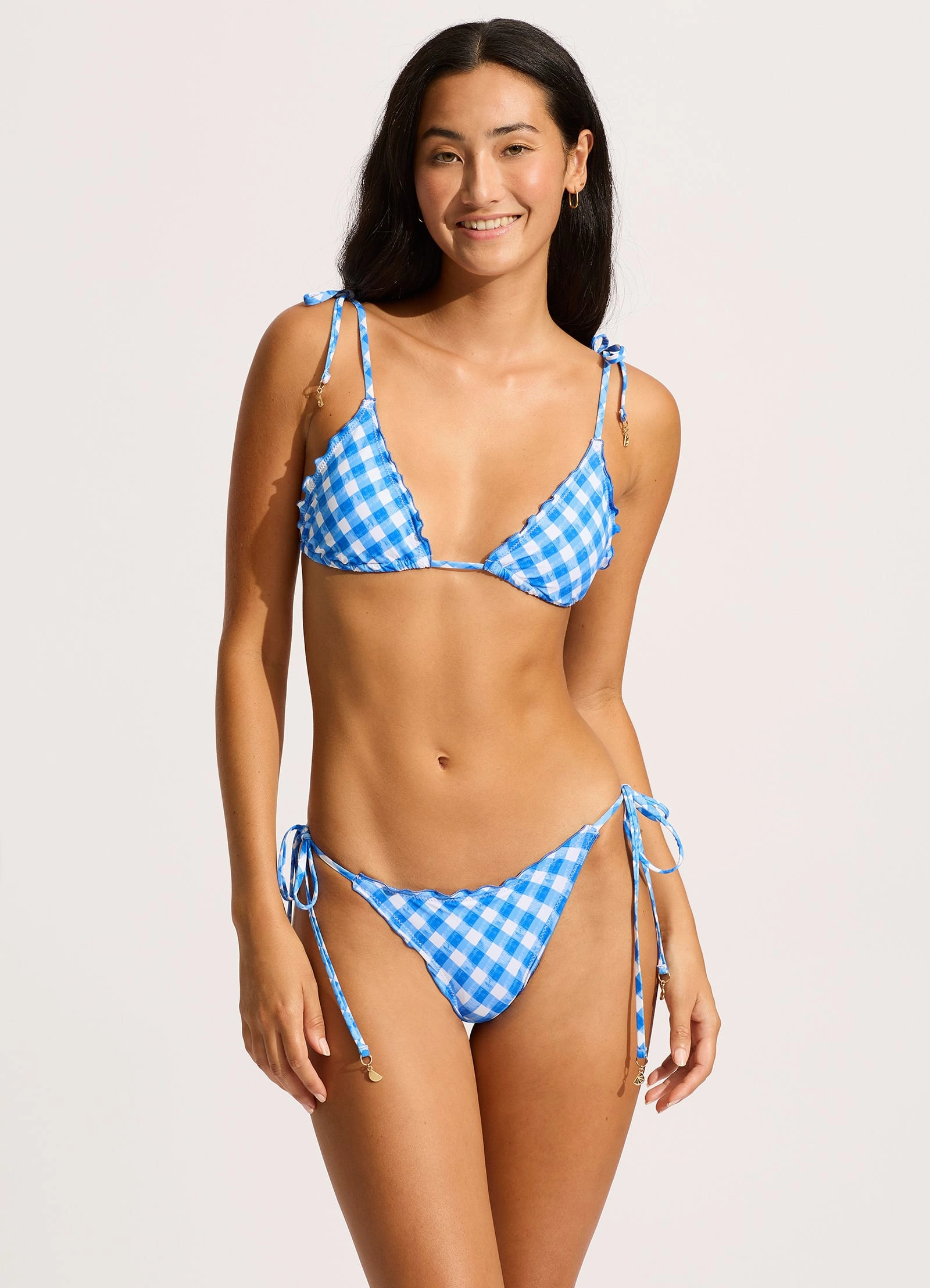 Ciao Bella Check Slide Triangle Bikini Top - Azure two-piece bikinis for women, trendy bikinis for beachwear