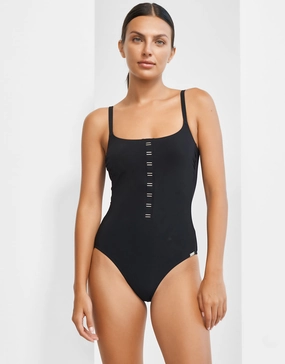 Code Tank Swimsuit - Black womens resort swimwear, flattering one-piece swimsuits
