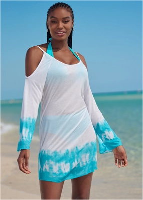 Cold Shoulder Cover-Up - Aqua & White womens sun protection swimwear, trendy swimwear collection