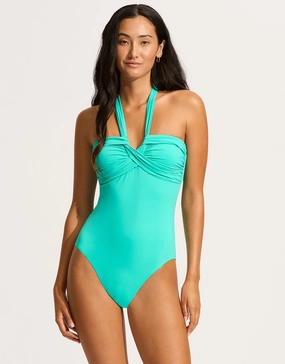 Collective Halter Bandeau Swimsuit - Aquatic Blue womens resort swimwear, flattering one-piece swimsuits
