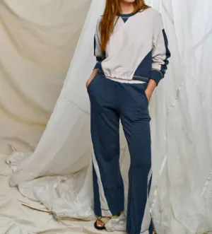 Color Block Pullover Top And Pants Set In Deep Navy