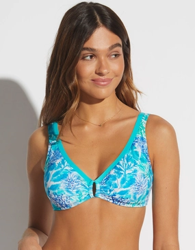 Coral Ring Front Bikini Top - Turquoise full coverage swim tops, cute bikini tops