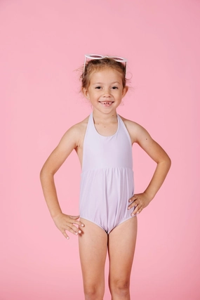 Cotton Purple | Mini Romper One-Piece girls full coverage swimwear, kids swimwear for pool