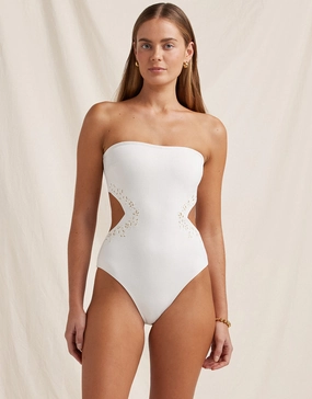Creme Memoir Embroidered Strapless Swimsuit - White womens resort swimwear, flattering one-piece swimsuits