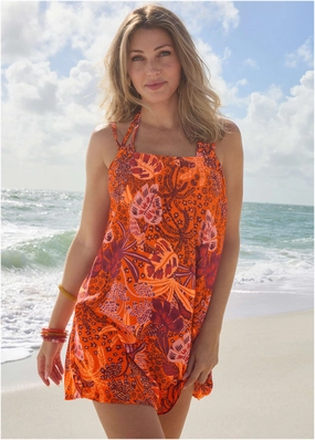 Crinkle Cover-Up Dress - Parrot Palm swimwear with tummy control, elegant swimsuits for women