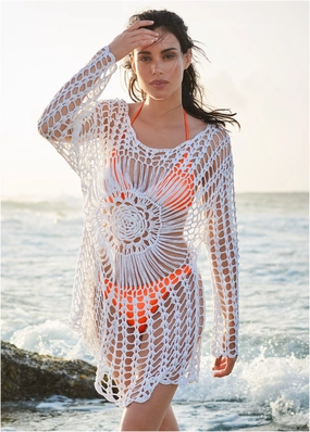Crochet Detail Cover-Up - White swimwear for all body types, comfortable womens beachwear