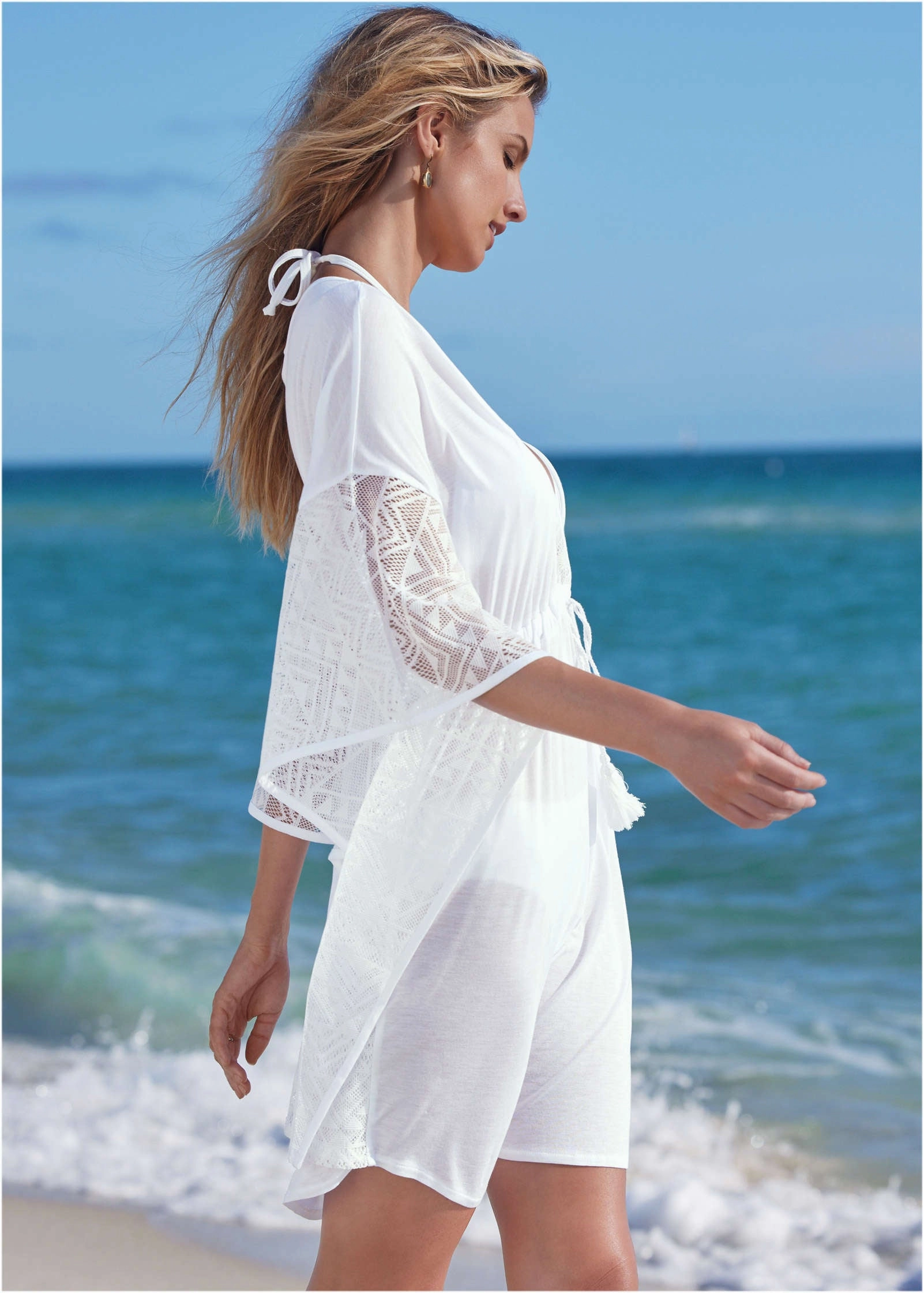Crochet Trim Tunic Cover-Up - Pearl White