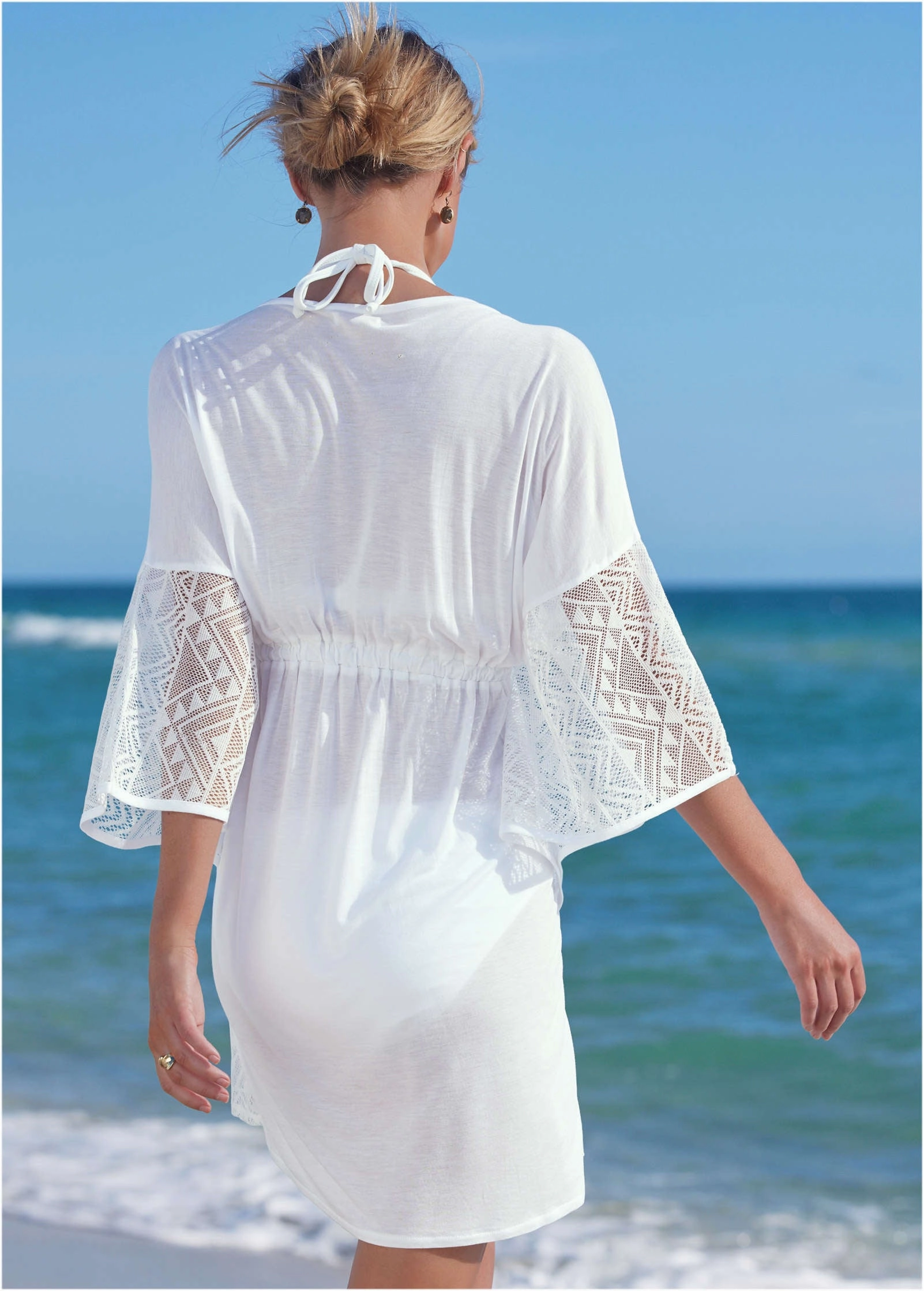 Crochet Trim Tunic Cover-Up - Pearl White